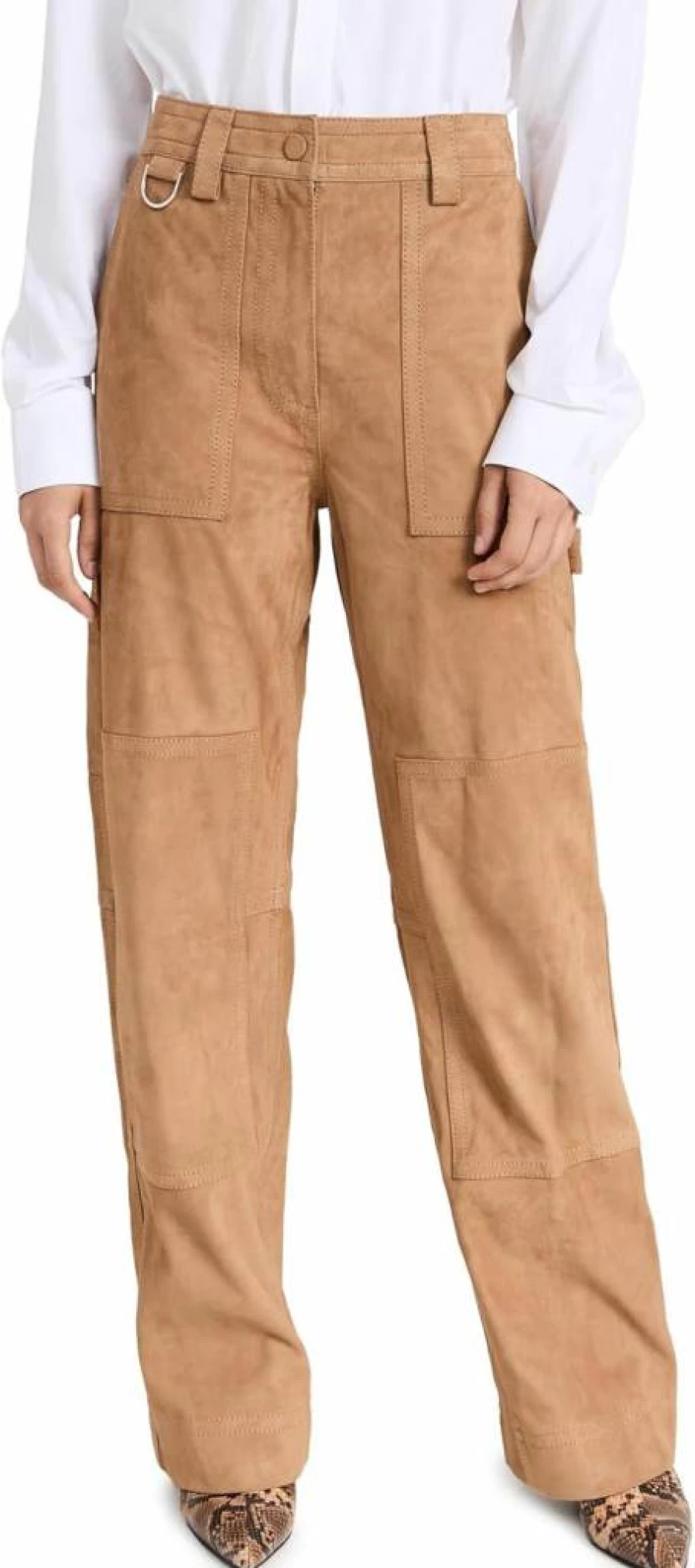 SAKS POTTS Women's Genuine Leather Pants with Rose Embroidery - High-Waisted Fashion Trousers