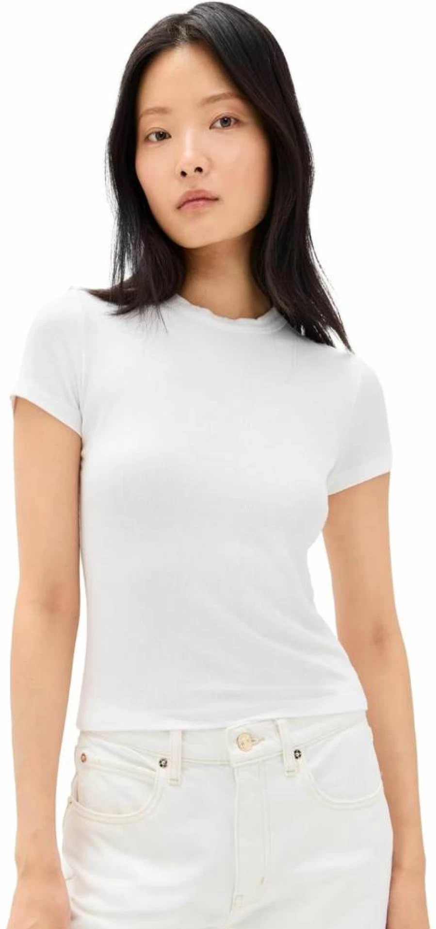 FRAME Women's The Rib Baby Tee - Soft Stretch Fitted Short Sleeve Top
