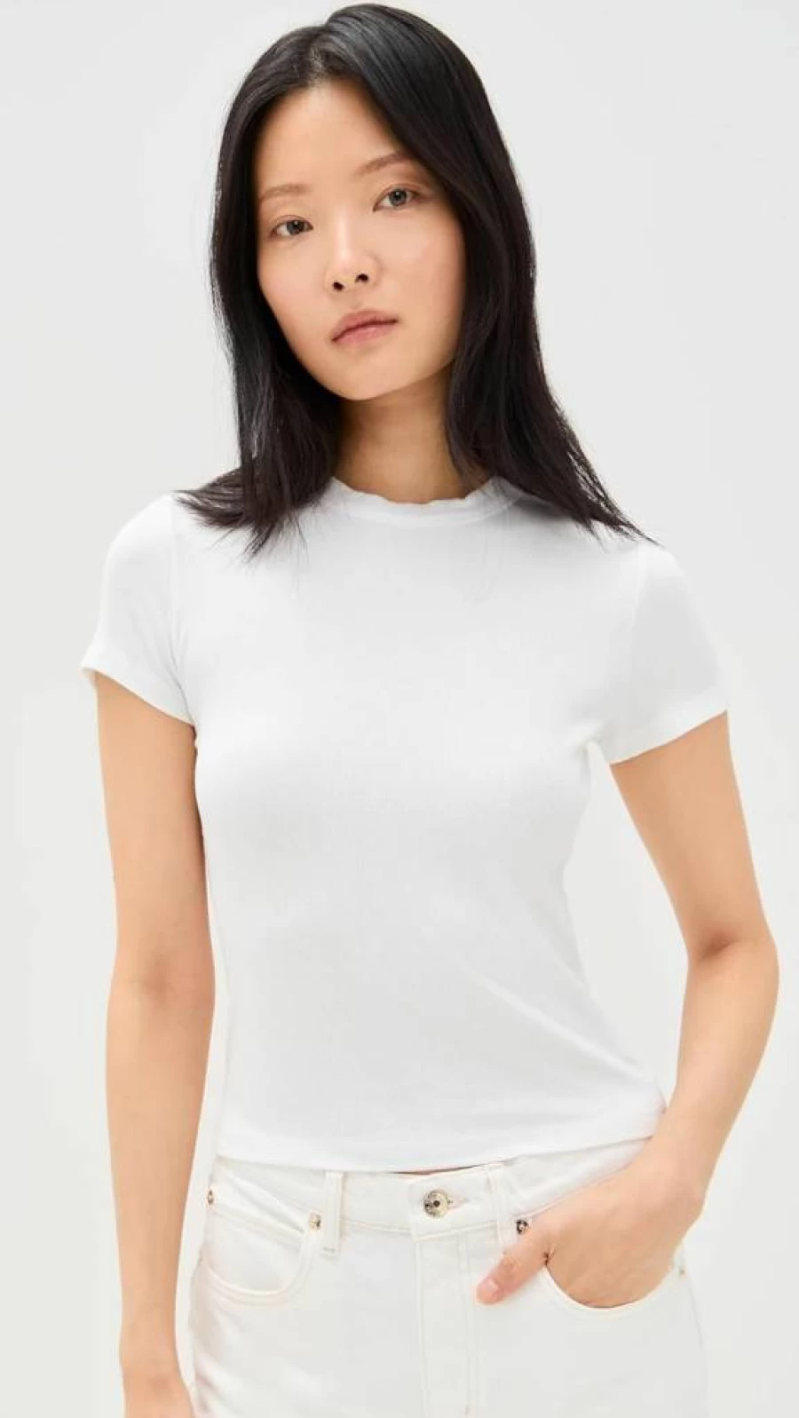 FRAME Women's The Rib Baby Tee - Soft Stretch Fitted Short Sleeve Top