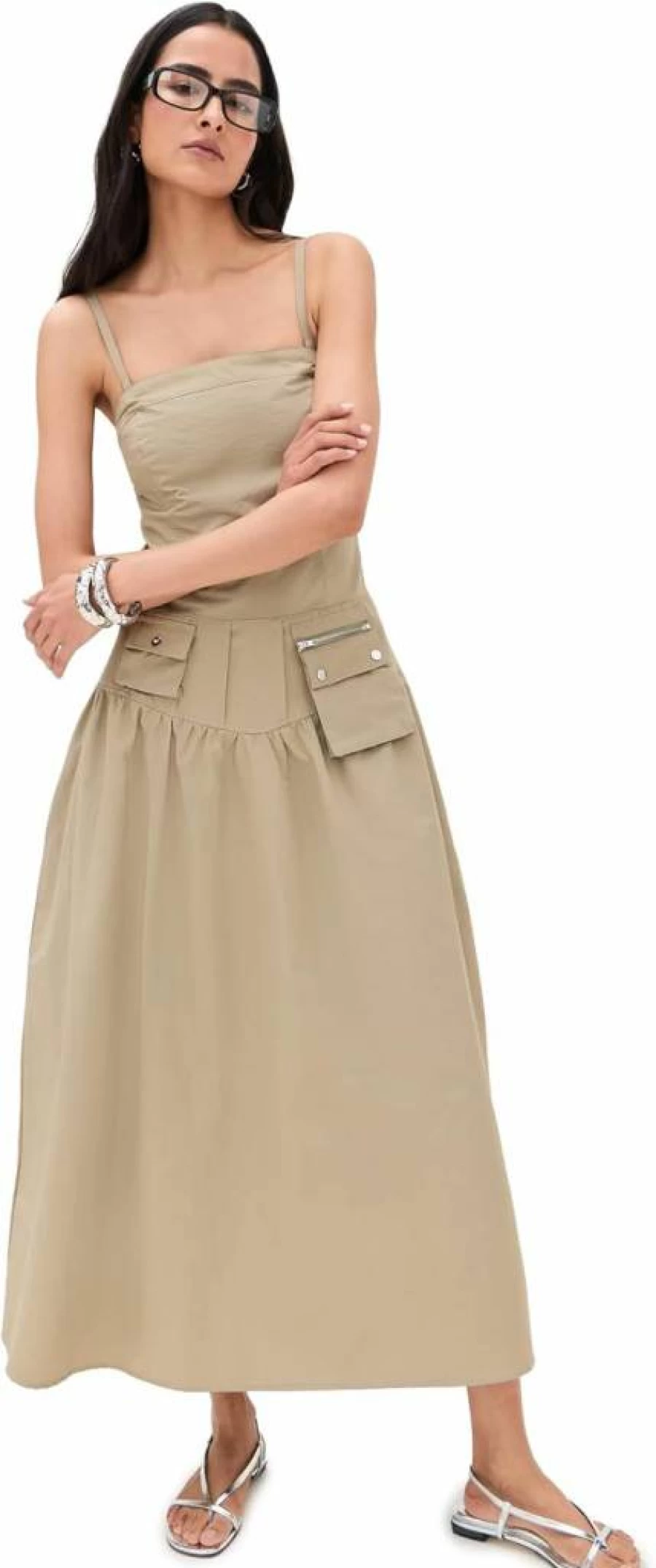 Pixie Market Women's Utility Dress - Stylish Casual A-Line Midi Dress with Pockets