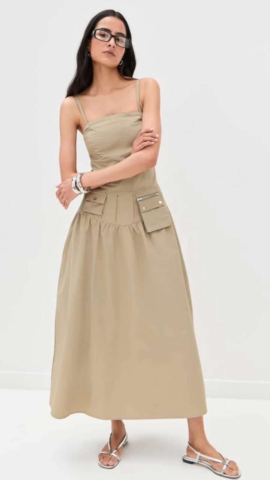 Pixie Market Women's Utility Dress - Stylish Casual A-Line Midi Dress with Pockets