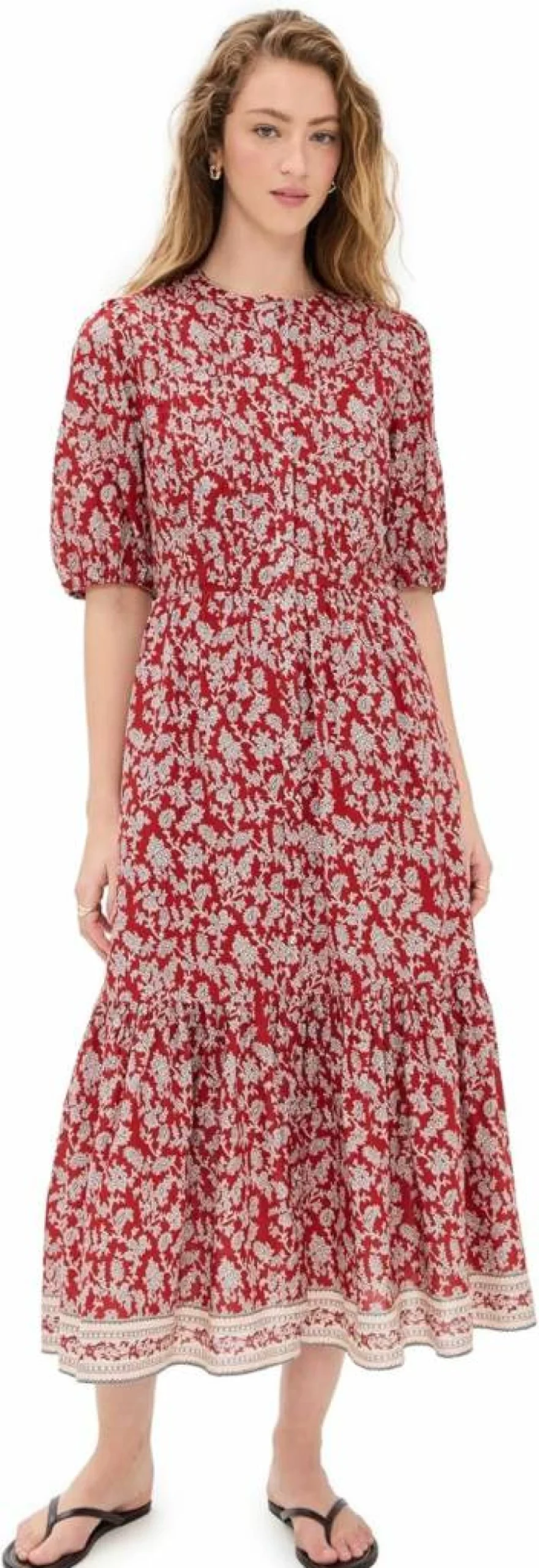 Madewell Women's Floral Midi Dress with Pintucked Detail and Puff Sleeves