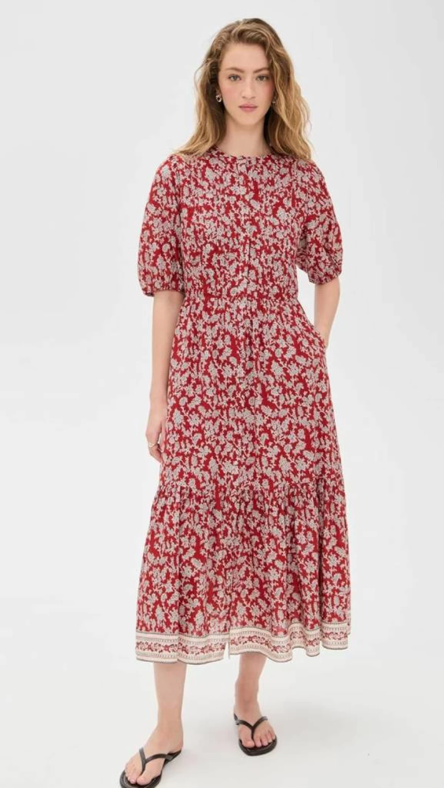 Madewell Women's Floral Midi Dress with Pintucked Detail and Puff Sleeves