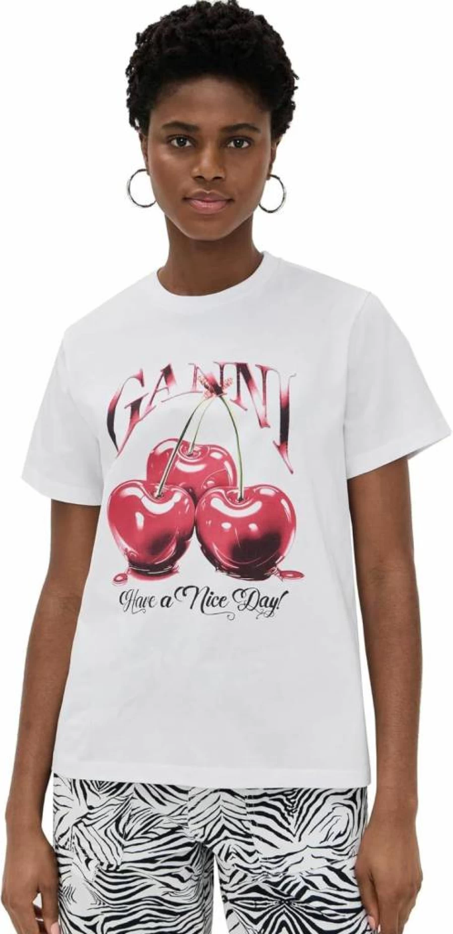 Ganni Women's Relaxed Fit Cherry Print Jersey T-Shirt - Basic Casual Tee