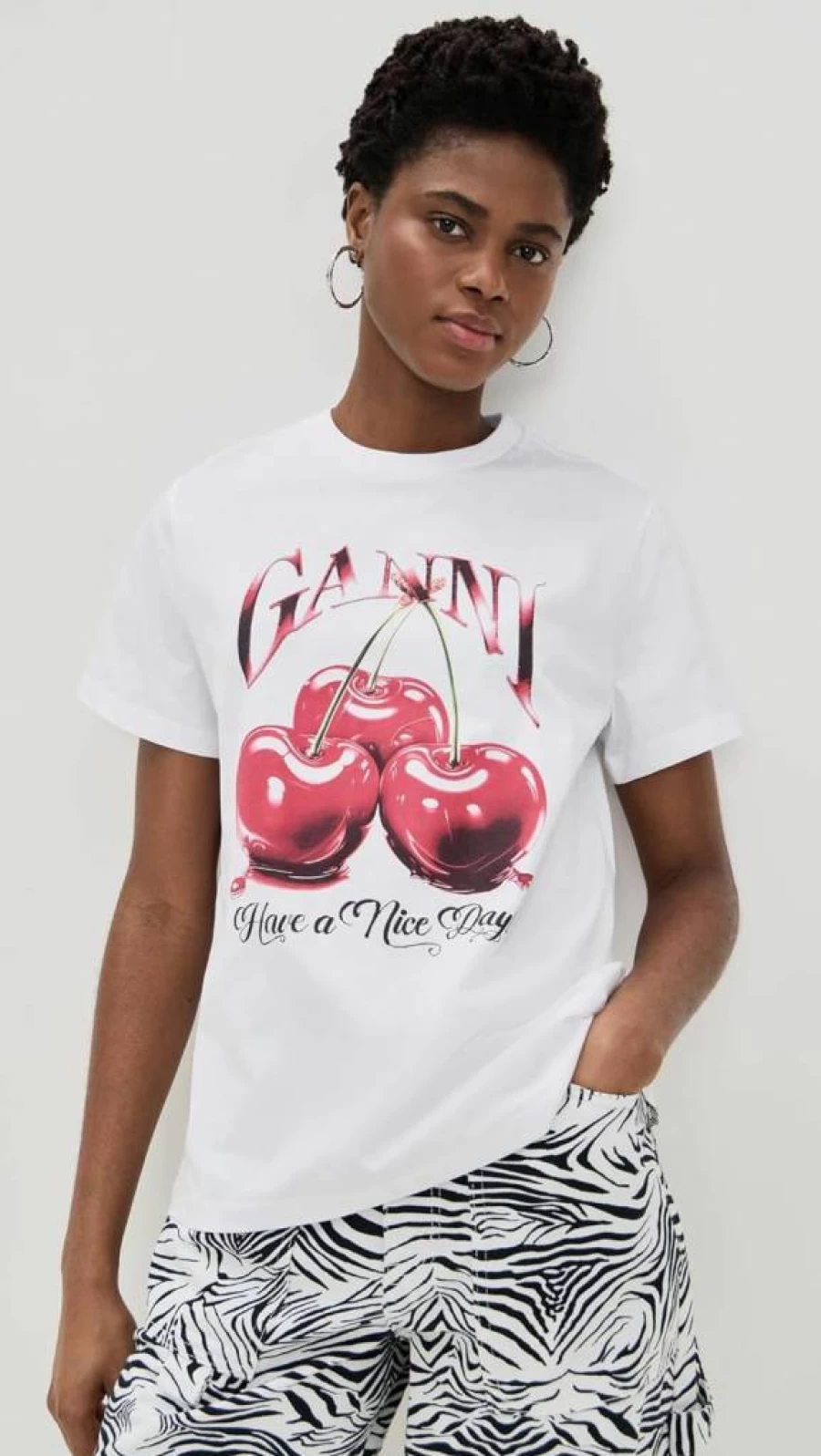 Ganni Women's Relaxed Fit Cherry Print Jersey T-Shirt - Basic Casual Tee