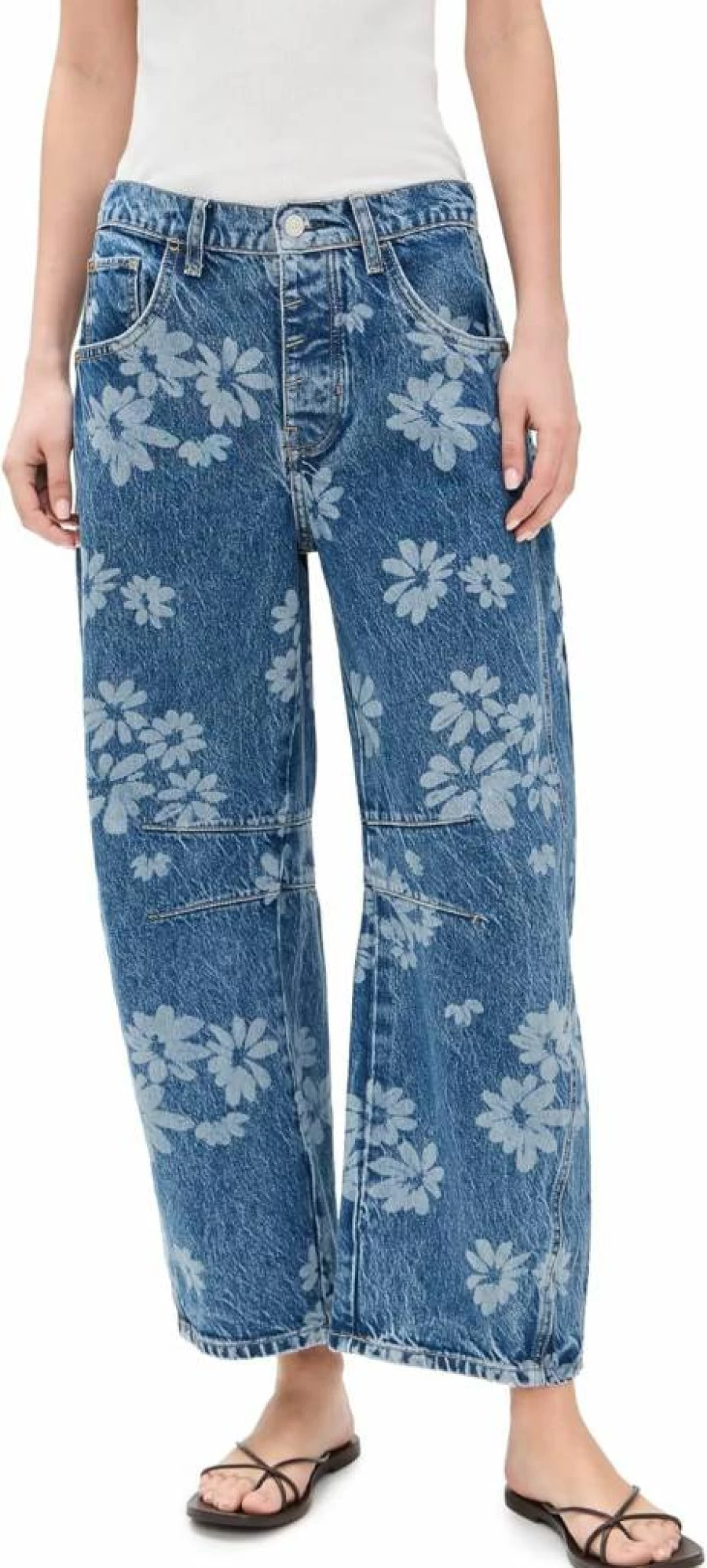 Free Women's Good Luck Printed Barrel Jeans by Free People - Boho Vintage High Waisted Flare Pants