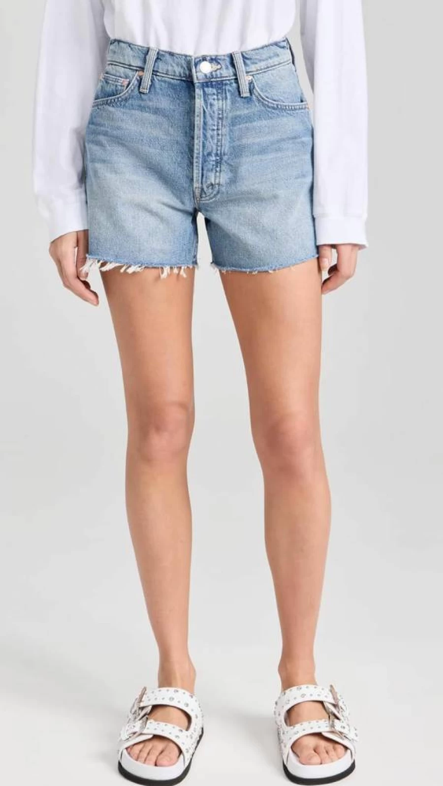 MOTHER Women's The Skipper Denim Shorts & Long Frayed Hem Distressed High-Waist