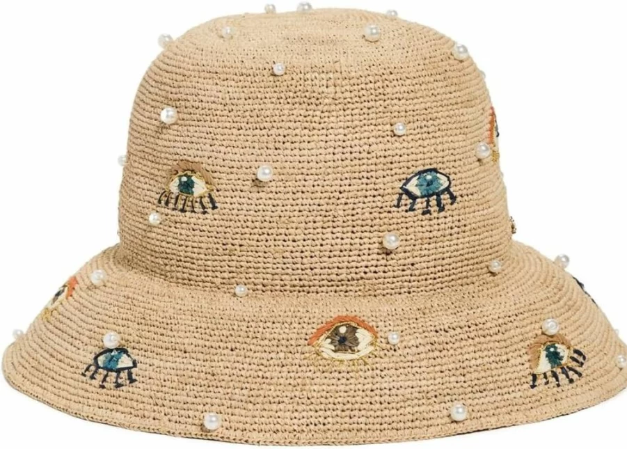 Lele Sadoughi Women's Evil Eye Embroidered Raffia Bucket Hat – Stylish Summer Sun Hat for Women