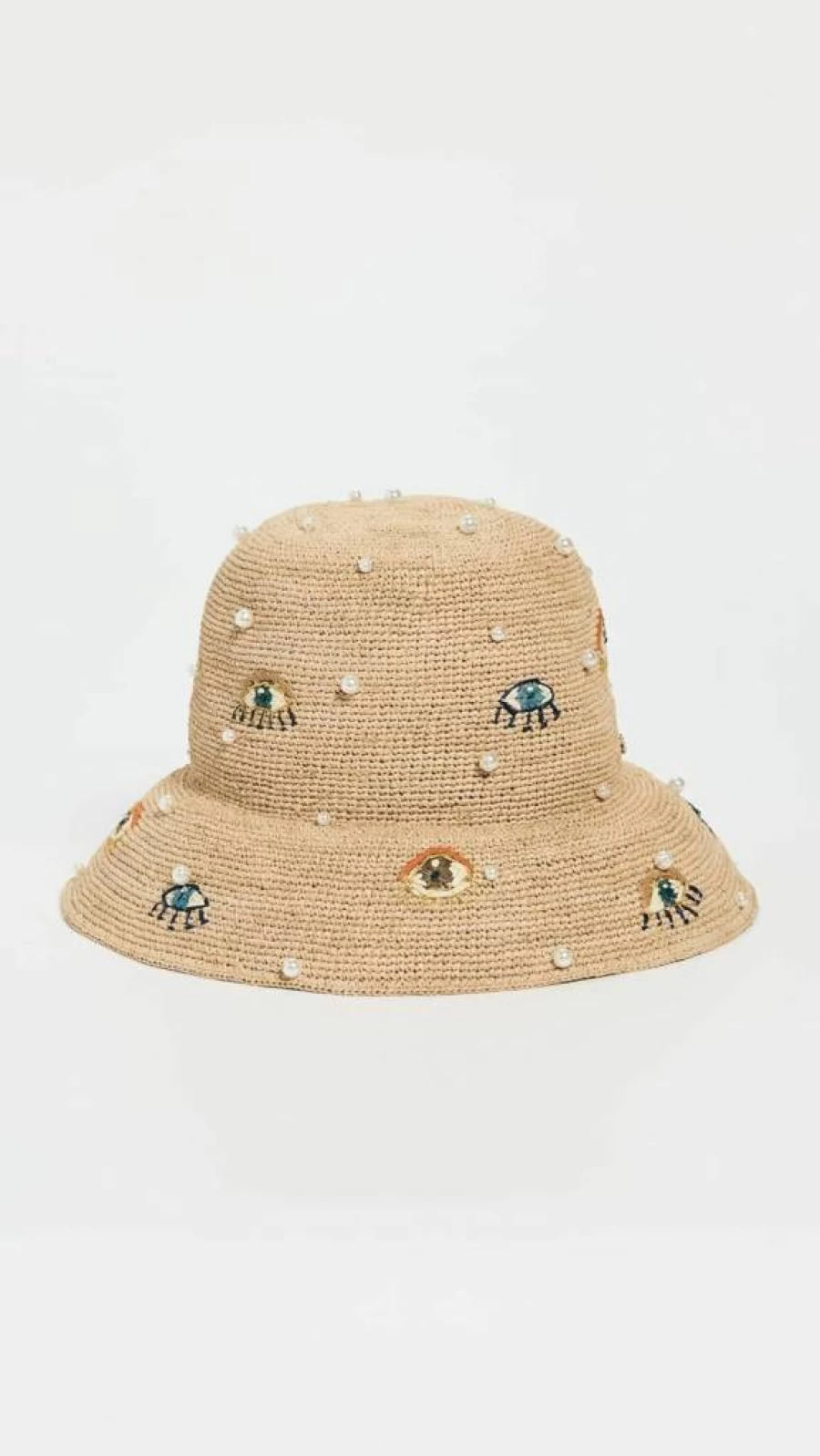 Lele Sadoughi Women's Evil Eye Embroidered Raffia Bucket Hat – Stylish Summer Sun Hat for Women