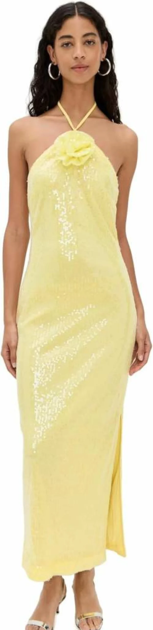 Endless Rose Women's Sequin Halter Maxi Dress with Rose Detail - Elegant Evening Gown for Special Occasions