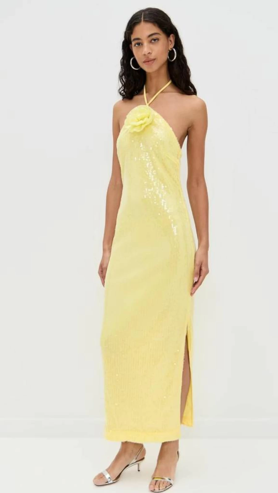 Endless Rose Women's Sequin Halter Maxi Dress with Rose Detail - Elegant Evening Gown for Special Occasions