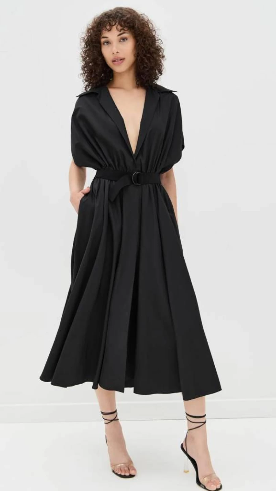 Norma Kamali Women's Flared Midi Shirt Dress with Belt - Stylish Casual & Office Wear