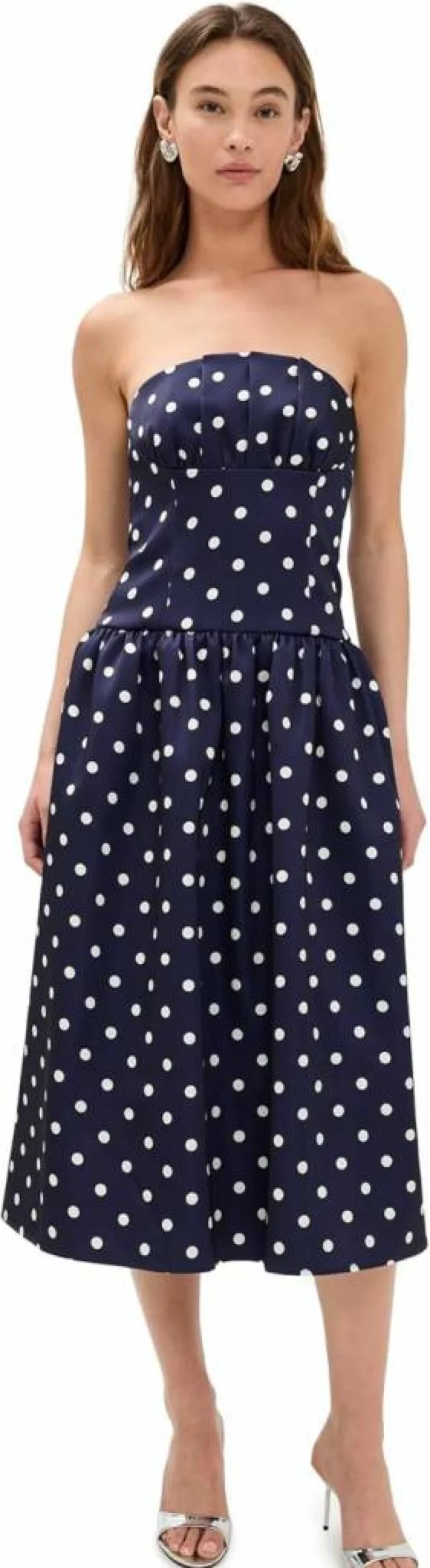 Self Portrait Navy Blue Polka Dot Satin Midi Dress for Women
