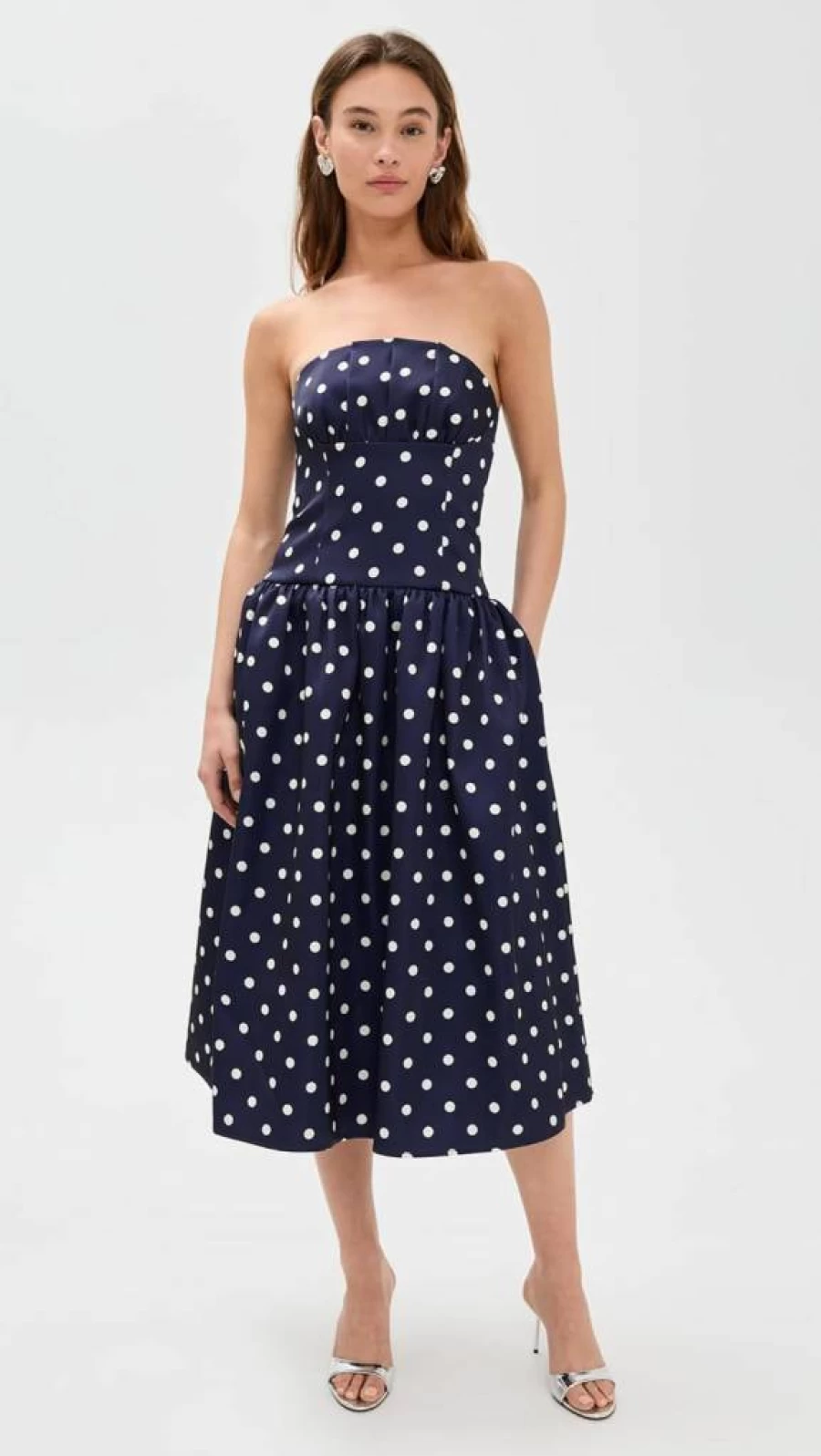 Self Portrait Navy Blue Polka Dot Satin Midi Dress for Women
