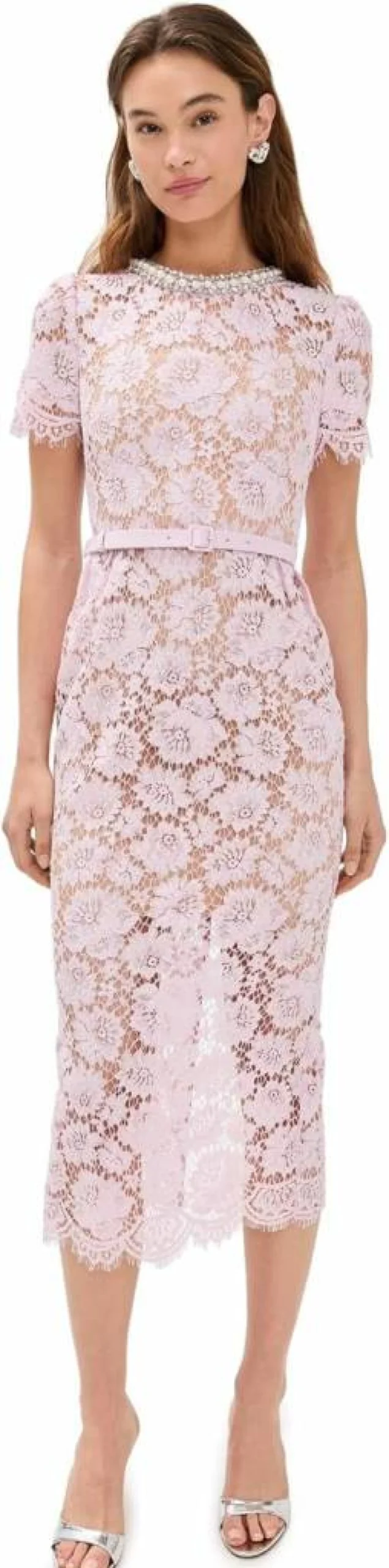 Self Portrait Women's Pink Lace Midi Dress with Pearl Details - Elegant Feminine Style