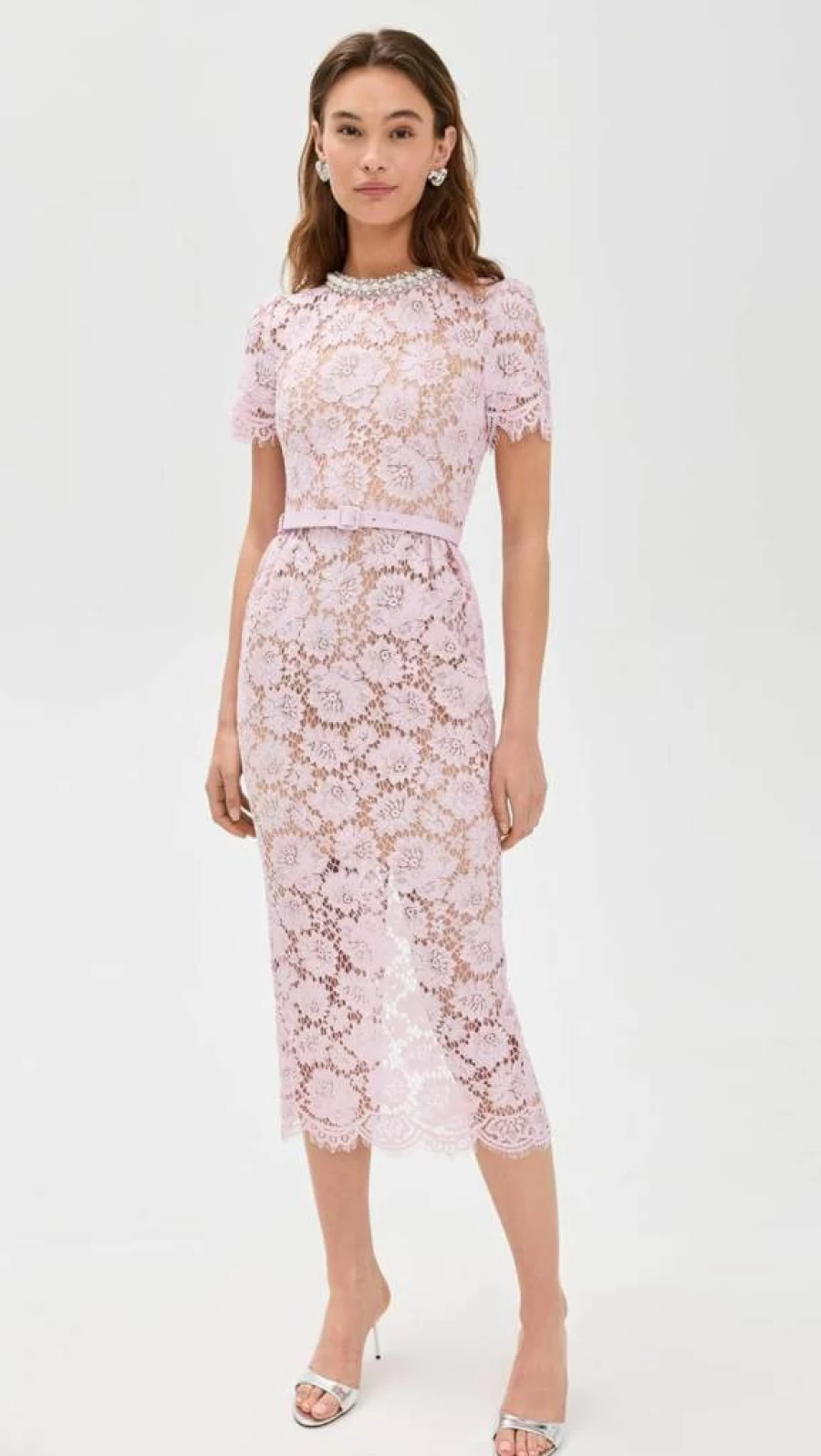 Self Portrait Women's Pink Lace Midi Dress with Pearl Details - Elegant Feminine Style