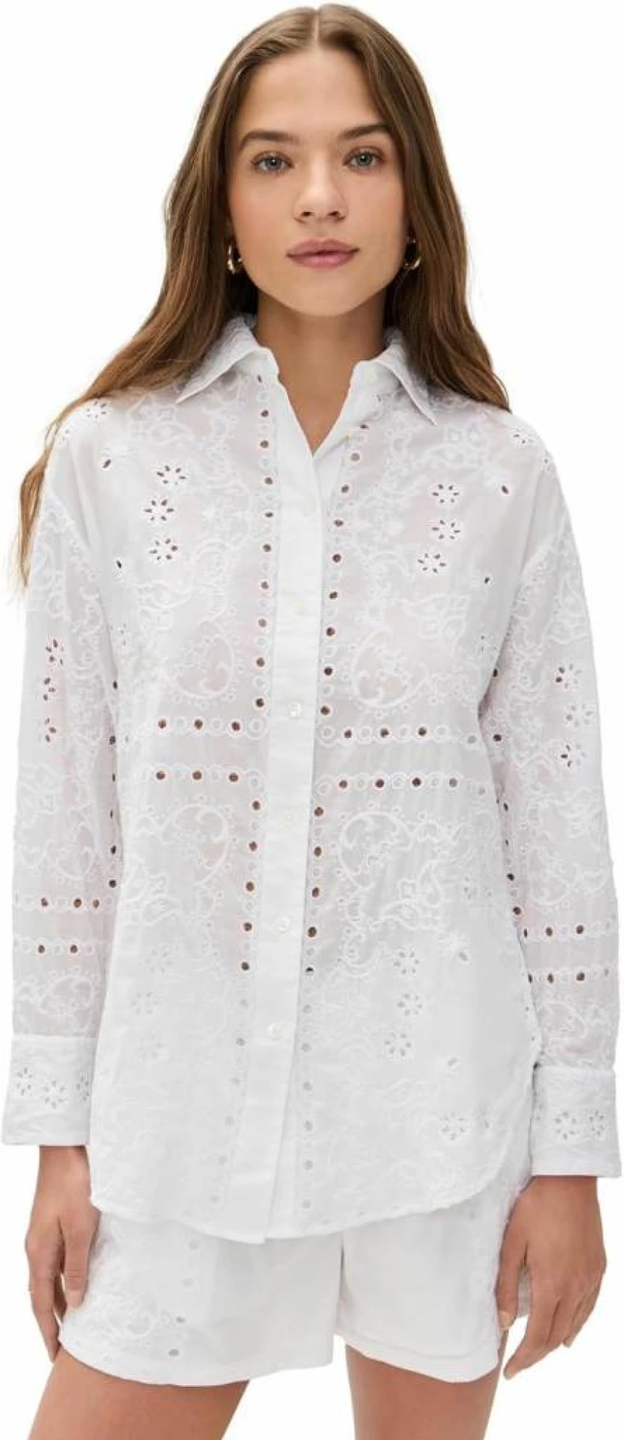 Madewell Women's Embroidered Oversized Button-Down Shirt - Casual Boho Chic Long Sleeve Blouse for Women