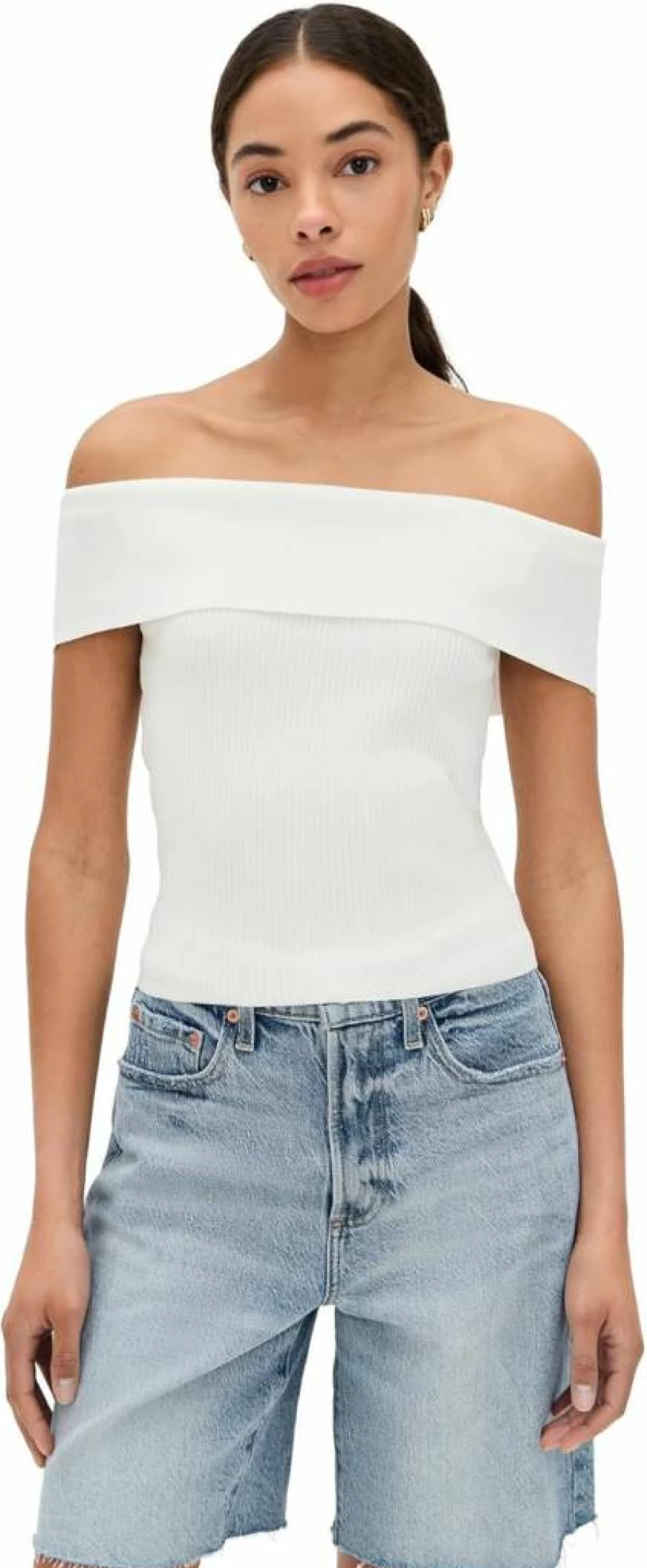 DL1961 Women's Off-Shoulder Ribbed Knit Top | Stretch Cotton Blend