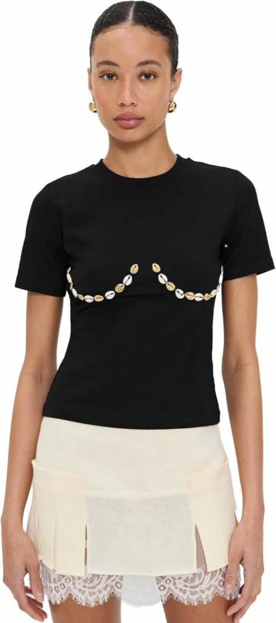 Never Fully Dressed Women's Black Shell Boob Baby T-Shirt - Stylish Casual Top