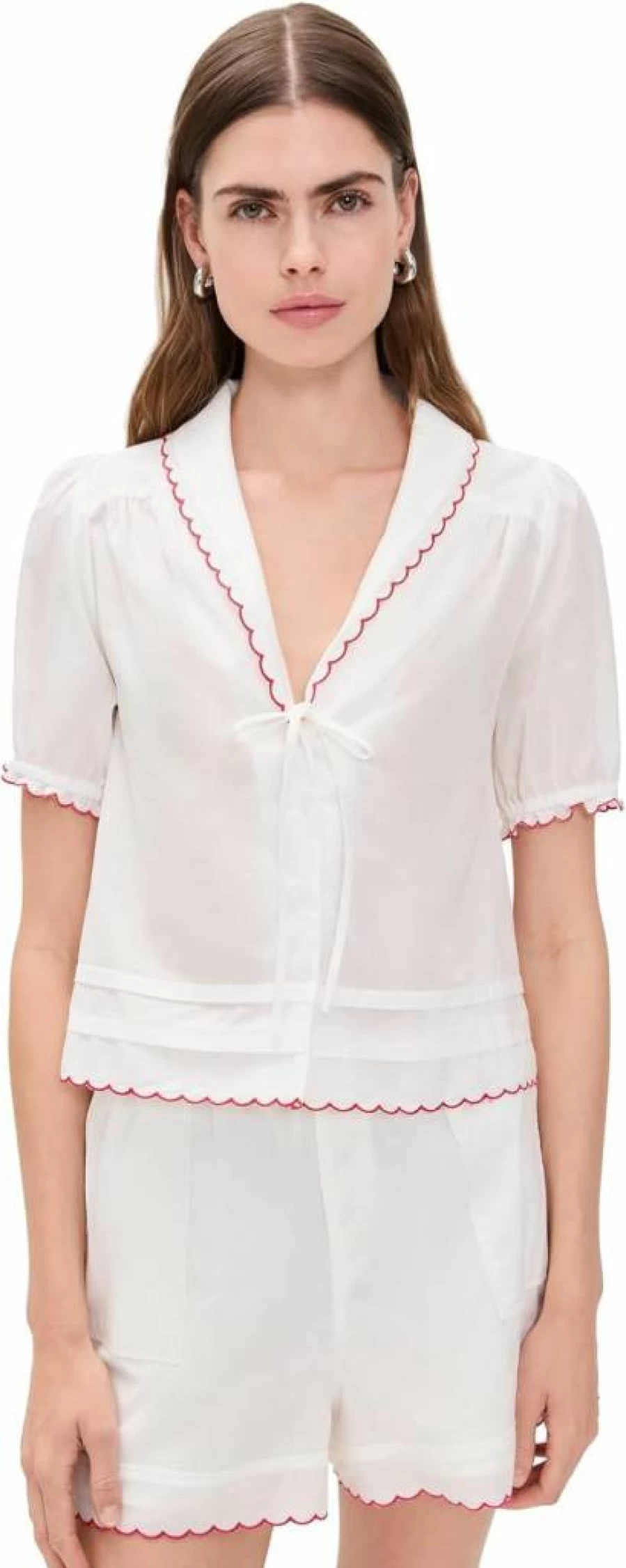 WAYF Elena Embroidered Women's Blouse - Floral Stitch Detail Boho Chic Top