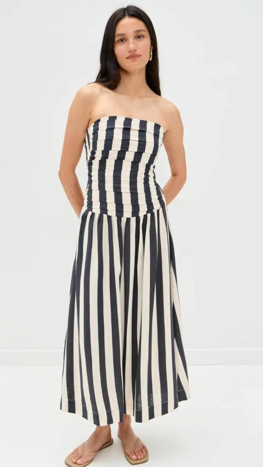 MOON RIVER Women's Striped Strapless Midi Dress - Floral Summer Beach Sundress