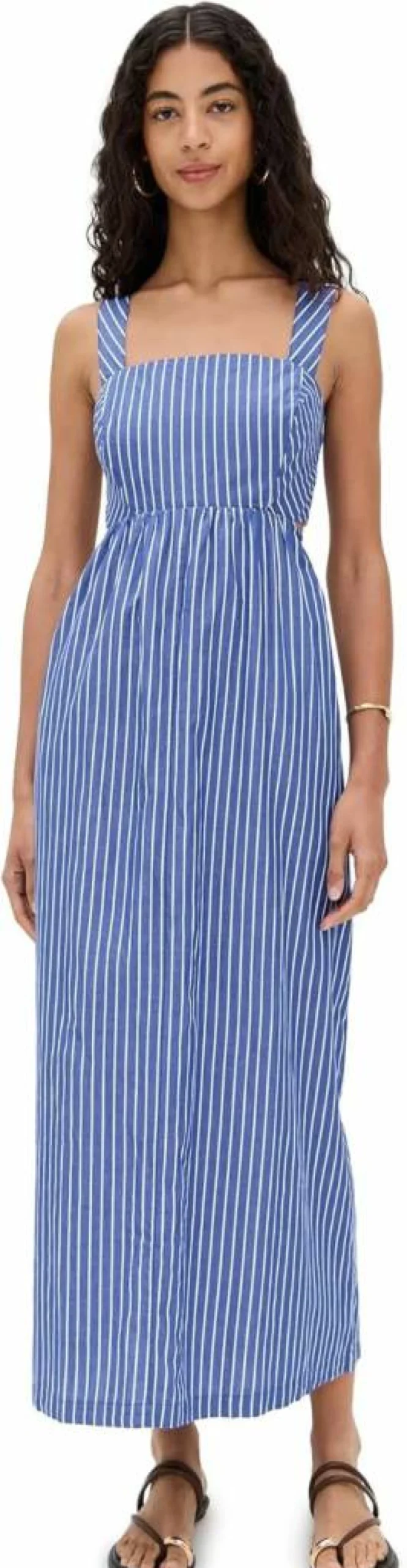 Stateside Women's Striped Poplin Midi Dress with Open Back Design