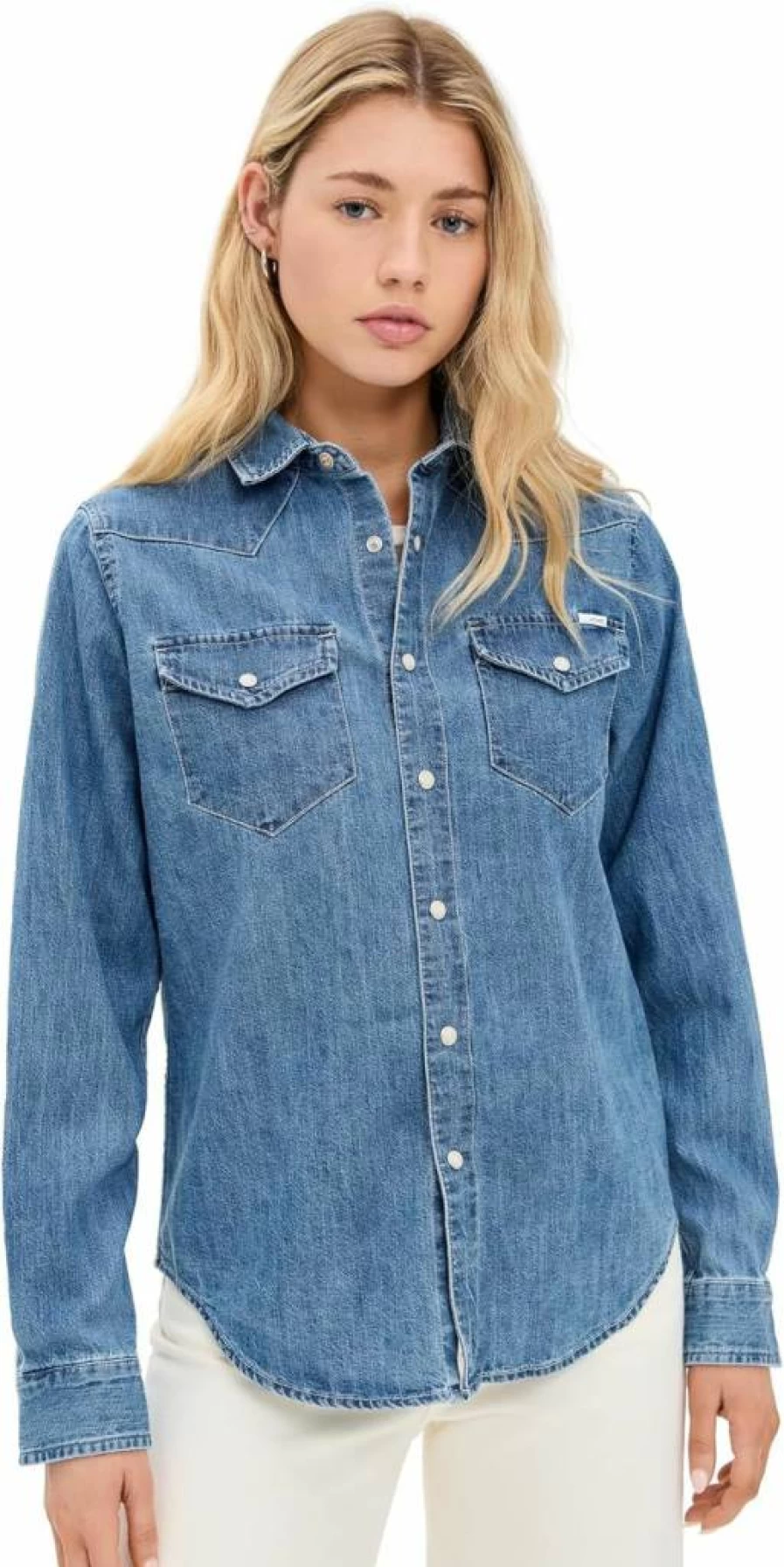 MOTHER Women's All My Exes Denim Shirt - Vintage Washed Distressed Button-Up Top