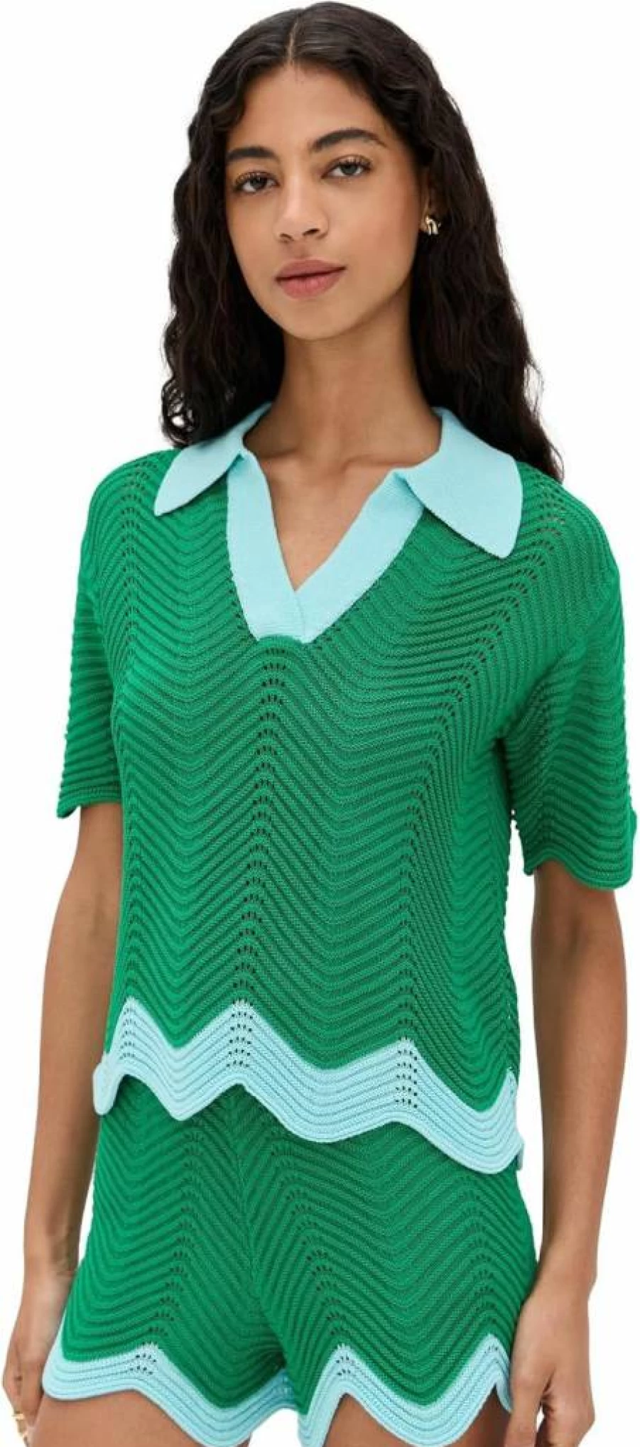 English Factory Women's Classic Short Sleeve Knit Polo Shirt with Scallop Detail