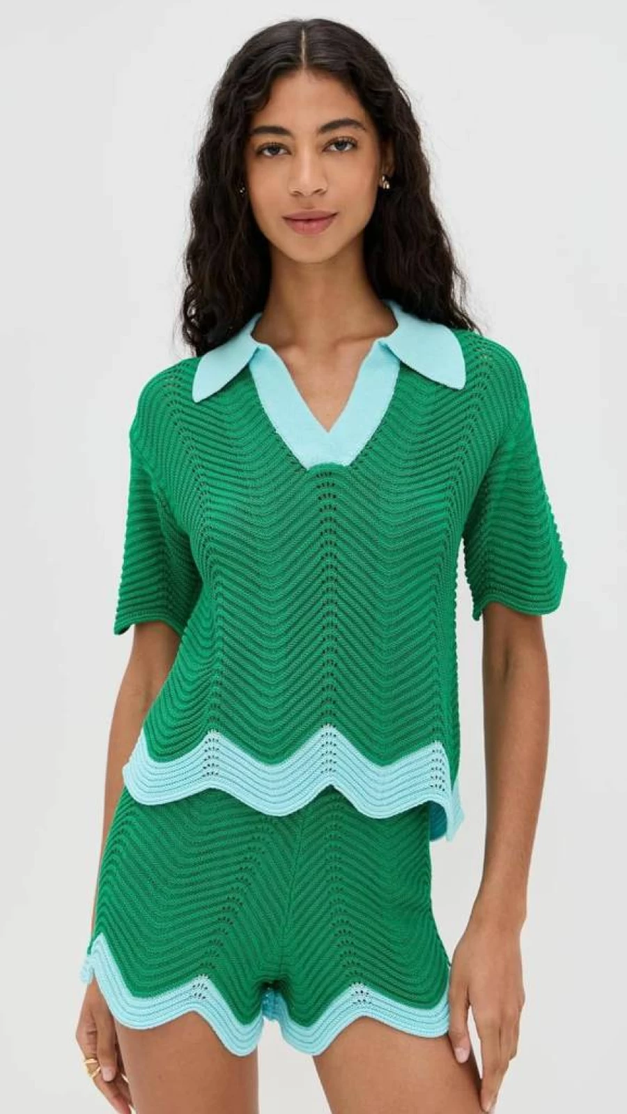 English Factory Women's Classic Short Sleeve Knit Polo Shirt with Scallop Detail