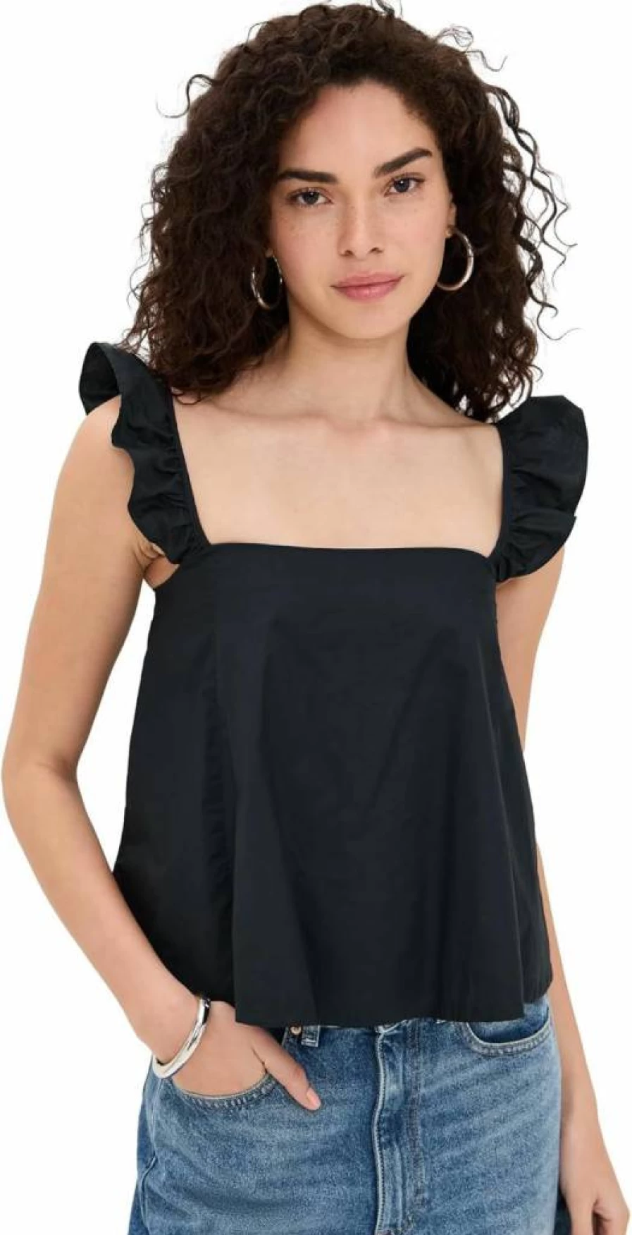 LE BOP Women's Claire Ruffle Strap Top - Floral Summer Blouse with Ruffled Sleeves
