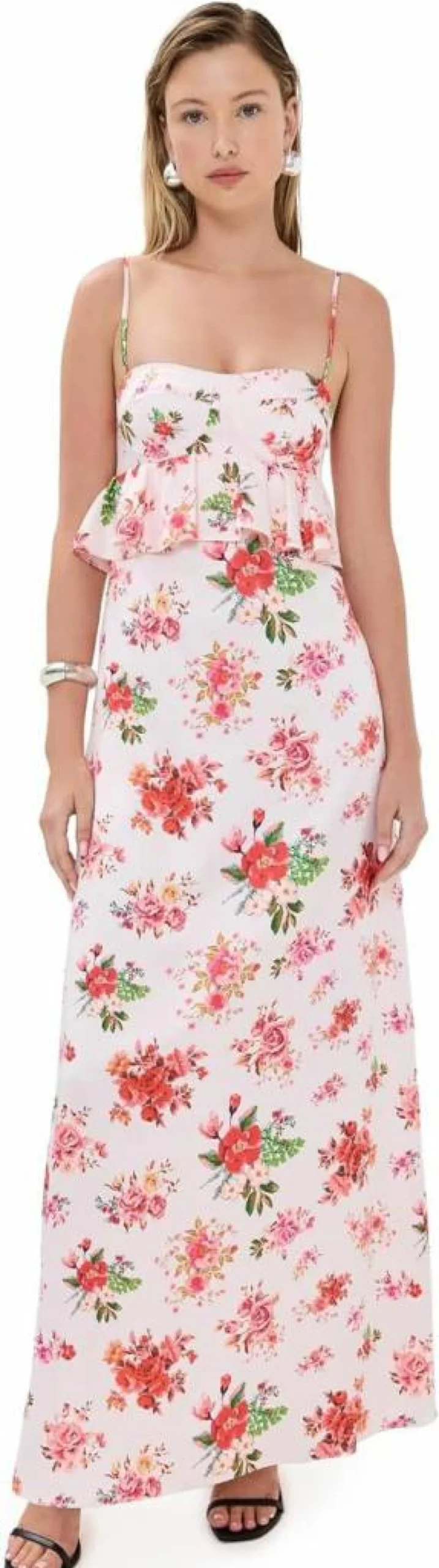 Kika Vargas Women's Scarlet Silk Dress with Pink Rose Pattern - Elegant Floral Design