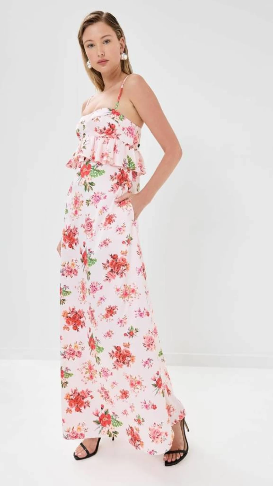 Kika Vargas Women's Scarlet Silk Dress with Pink Rose Pattern - Elegant Floral Design