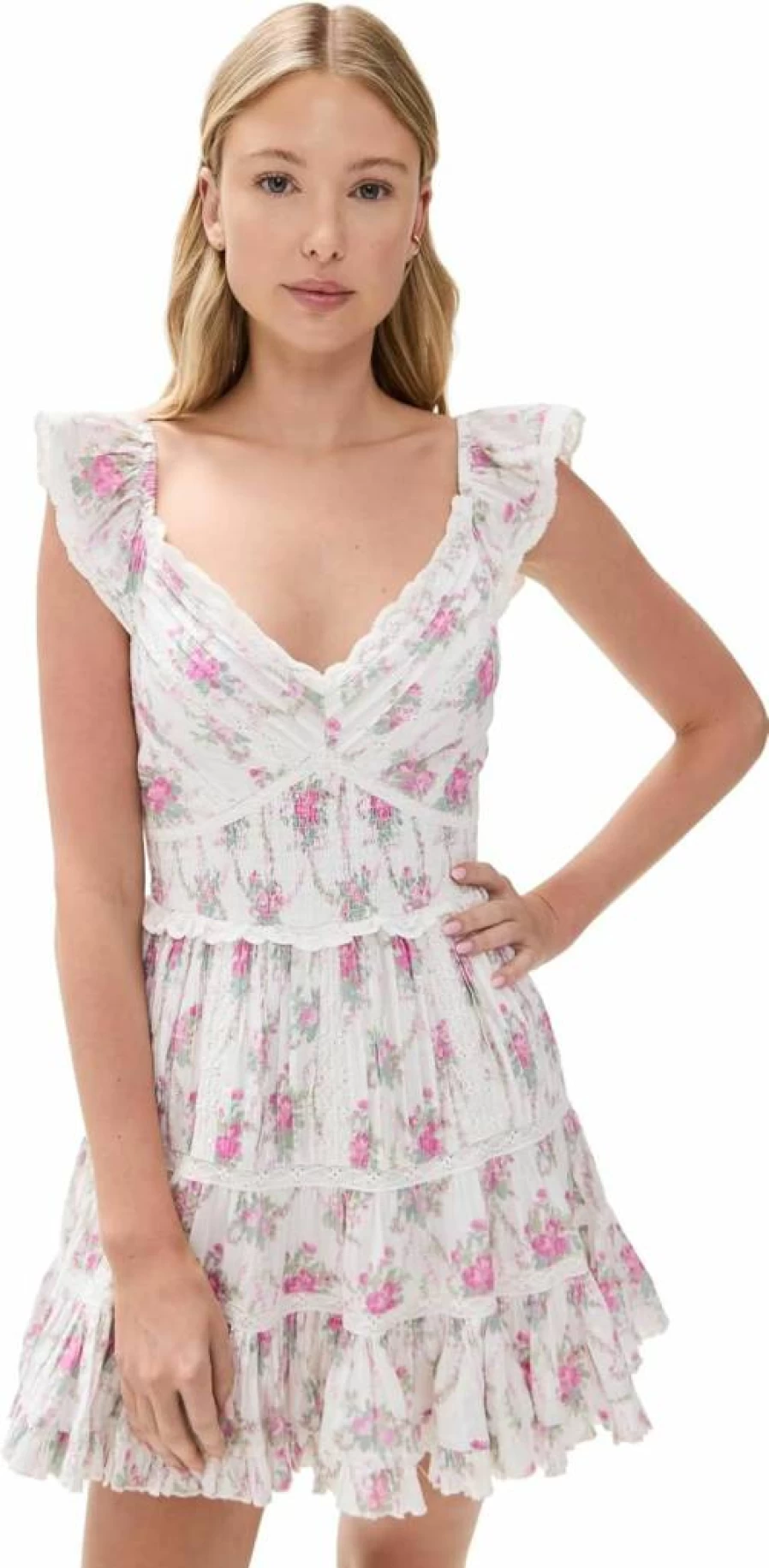 LOVESHACKFANCY Women's Presline Floral Summer Dress - Boho Chic Mini Dress with Ruffles