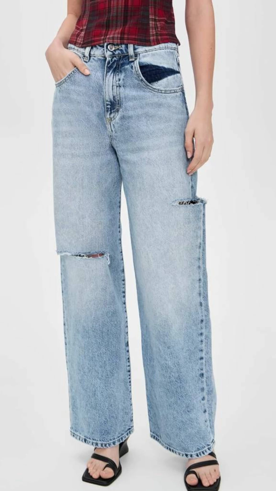 ICON DENIM LA Women's Poppy High Rise Wide Leg Jeans - Vintage Blue Distressed Denim Pants