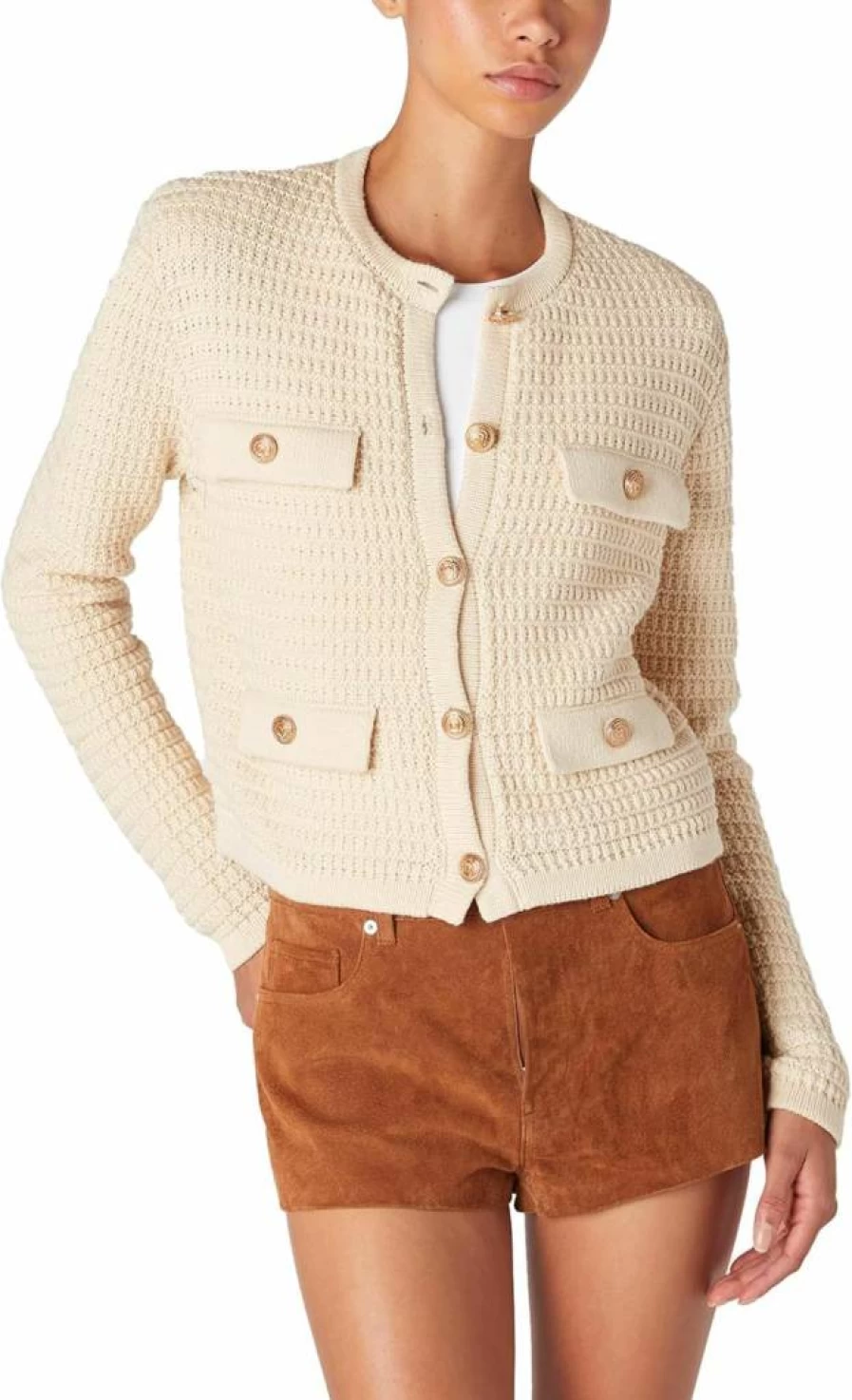 BLANKNYC Women's Cropped Cardigan Sweater with Gold Buttons - Stylish Knit Open Front Jacket