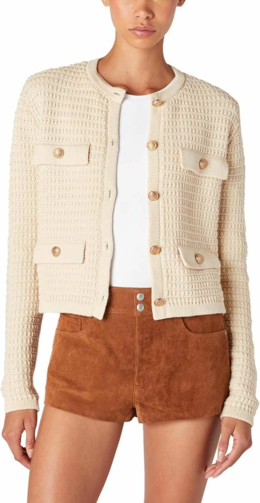 BLANKNYC Women's Cropped Cardigan Sweater with Gold Buttons - Stylish Knit Open Front Jacket