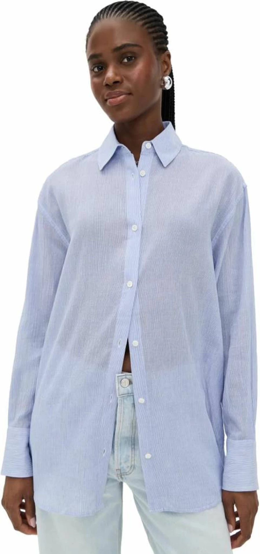ANINE BING Women's Blue & White Striped Plaza Shirt - Mini Casual Top