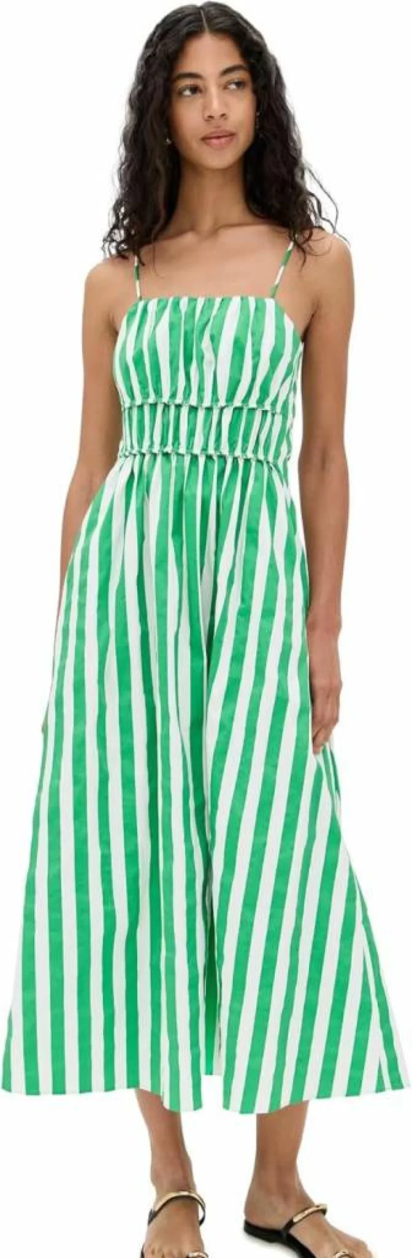 English Factory Women's Striped Midi Dress - Vintage-Inspired A-Line Summer Dress with Puff Sleeves