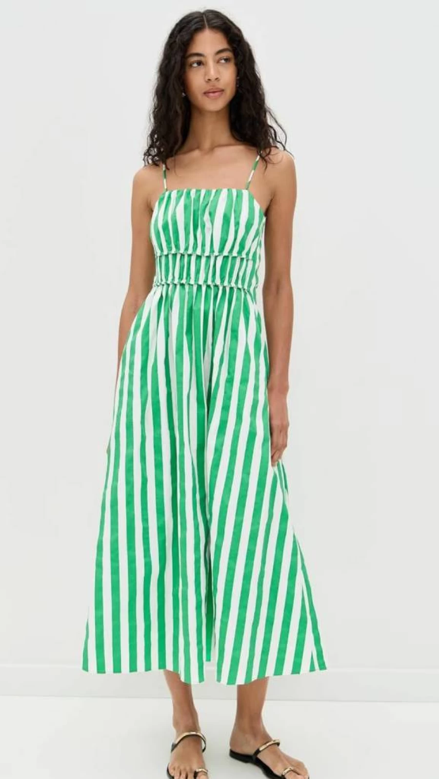English Factory Women's Striped Midi Dress - Vintage-Inspired A-Line Summer Dress with Puff Sleeves