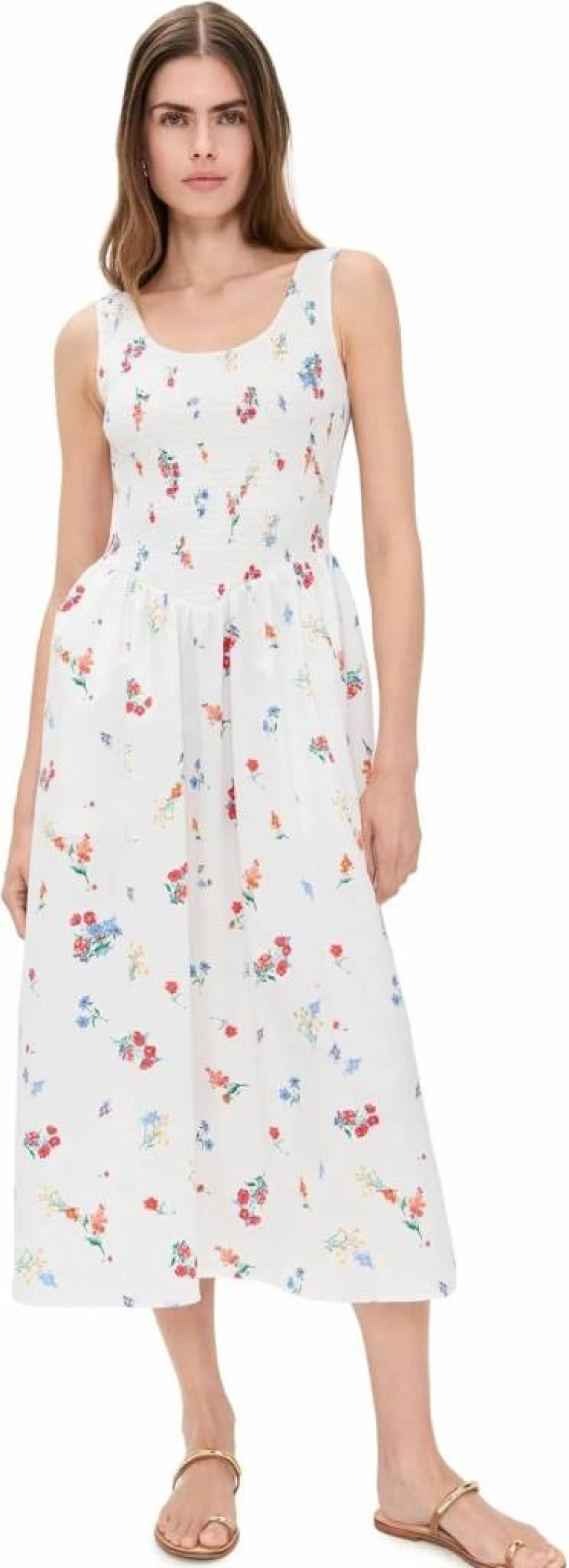 WAYF Dana Smocked Floral Midi Dress for Women - Boho Summer Dress with Puff Sleeves