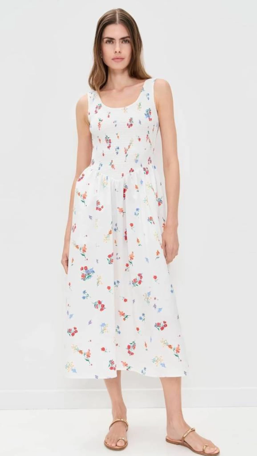 WAYF Dana Smocked Floral Midi Dress for Women - Boho Summer Dress with Puff Sleeves