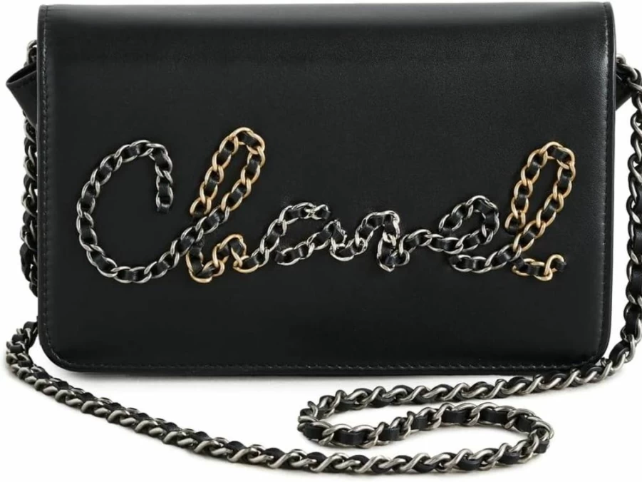 Chanel Vintage Black Leather Chain Shoulder Bag with Logo - Authentic Pre-Owned Luxury Handbag for Women